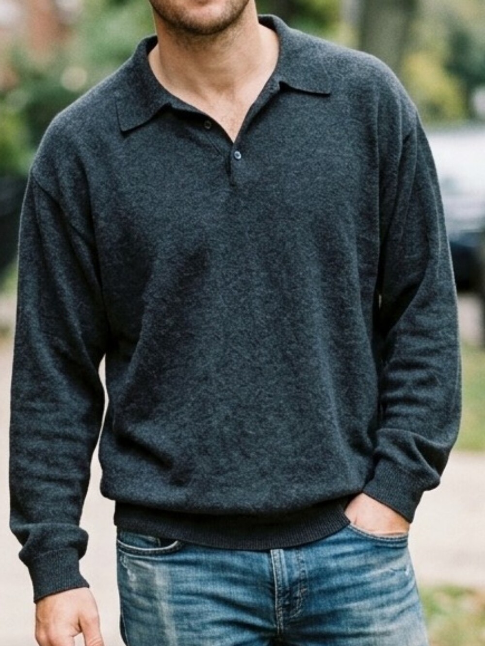 100% Wool Consensus Oversized Men's Dark Charcoal Knit Polo Sweater in 2XL Tall